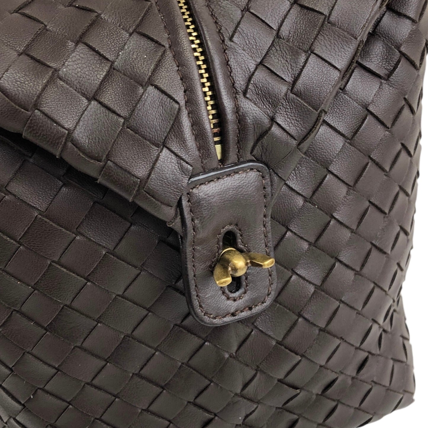 Bottega Veneta Intrecciato Padlock Boston bag Handbag Brown Vintage 2knttm