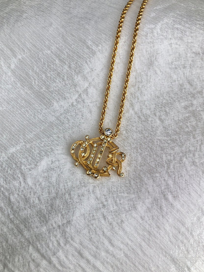 Christian Dior Emblem Rhinestone Necklace Gold Vintage vcjfee