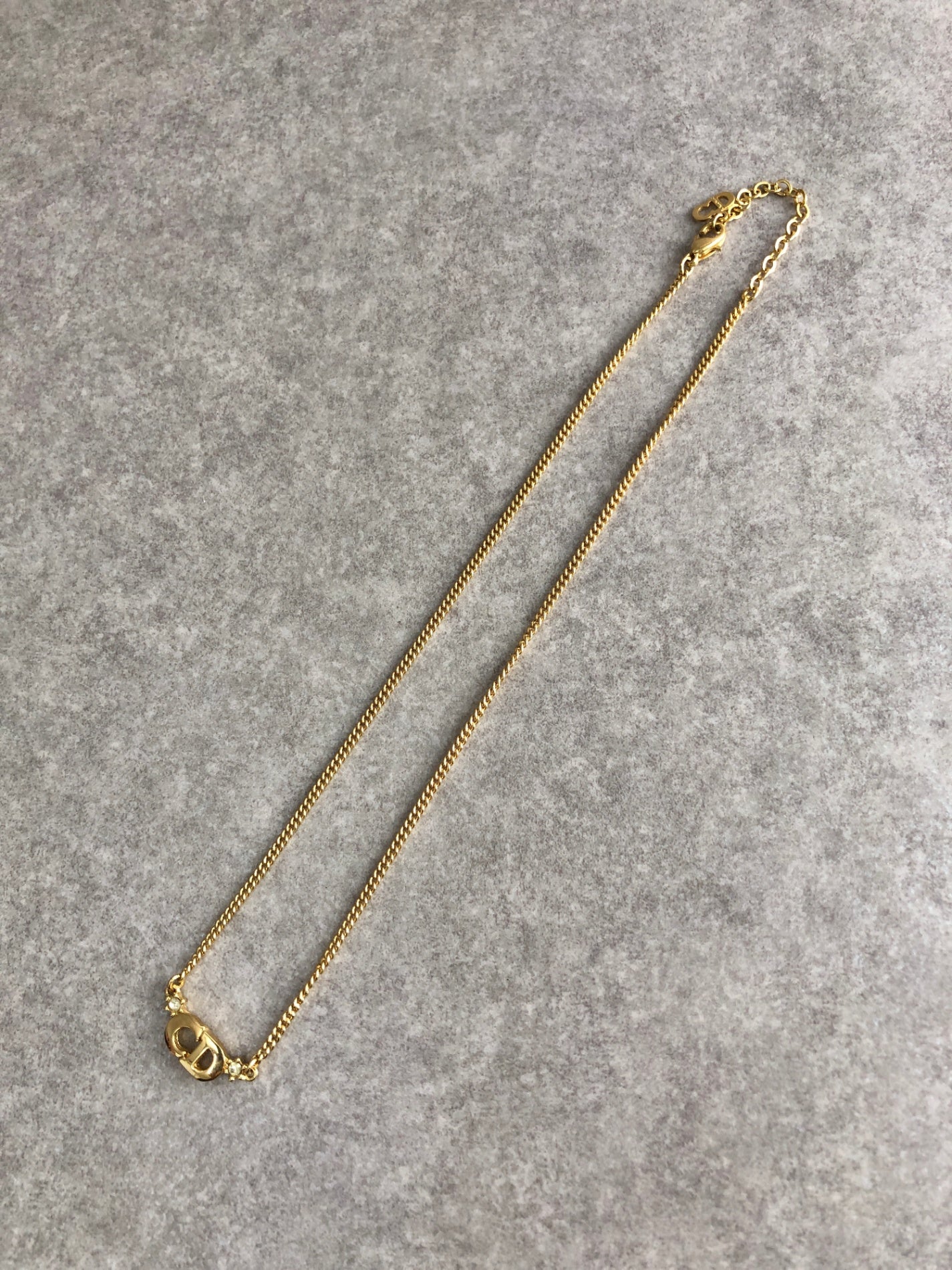 Christian Dior CD Logo Rhinestone Necklace Gold Vintage hrmhsa