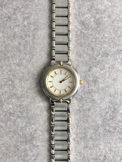 Yves Saint Laurent YSL Logo Quartz Watch Silver×Gold 5420-F45413 Vintage m3ywcg