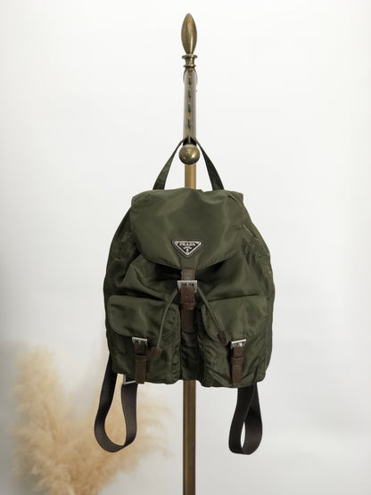 PRADA Triangle Logo Double Pocket Backpack khaki Vintage p3hihd