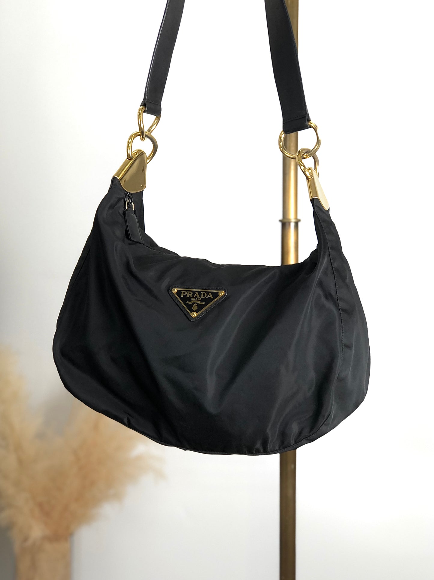 PRADA Triangle Logo Shoulder bag Hobobag Black Vintage u73w2i