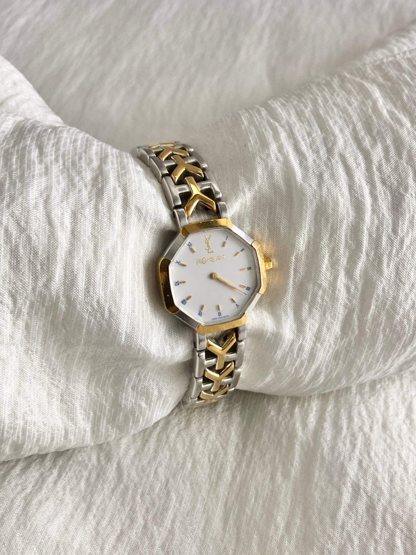 Yves Saint Laurent YSL Logo Octagon Quartz Watch Silver×Gold 2200-226313 Vintage famare