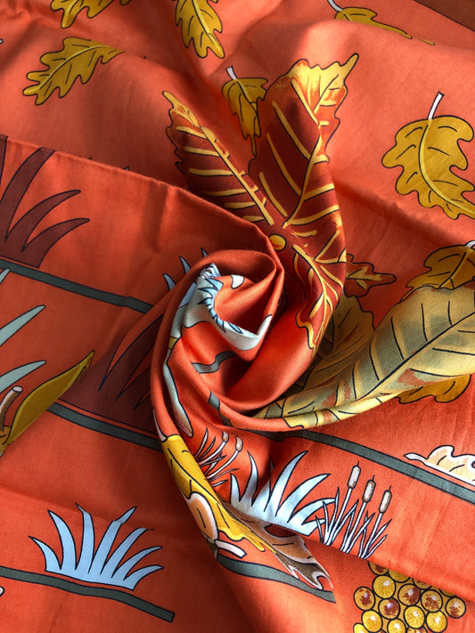 HERMES cotton Scarf Orange×Green Vintage vi8ch5