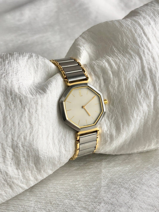 Yves Saint Laurent Octagon Quartz Watch Silver×Gold 2200-222377 Vintage g5ze82
