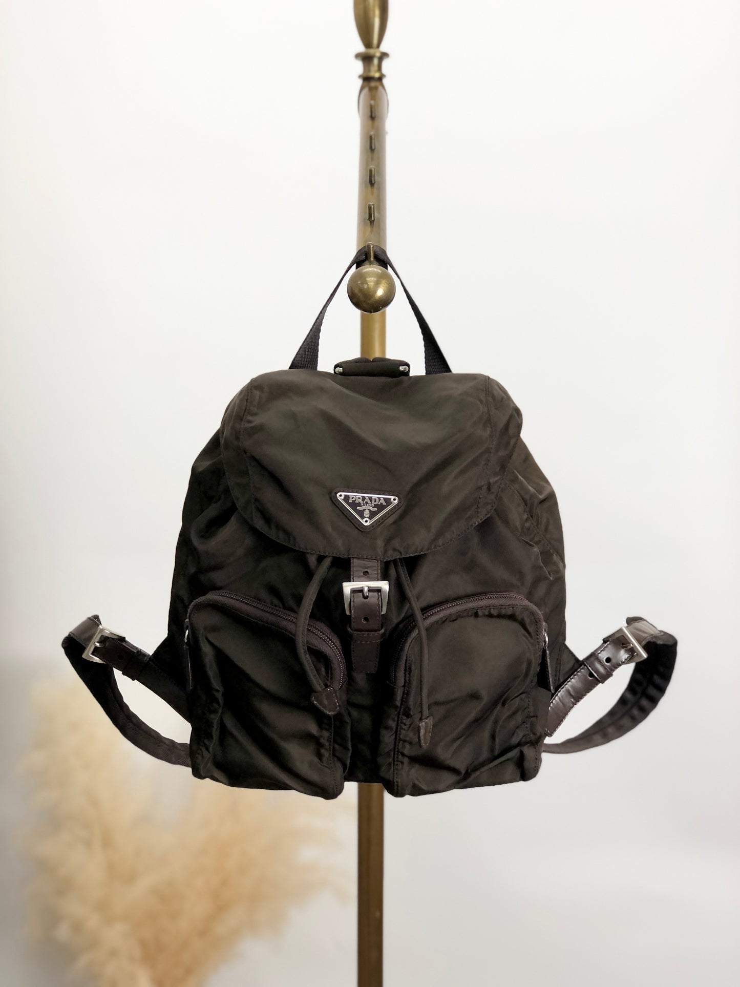PRADA Triangle Logo Double Pocket Backpack Brown Vintage 65znig
