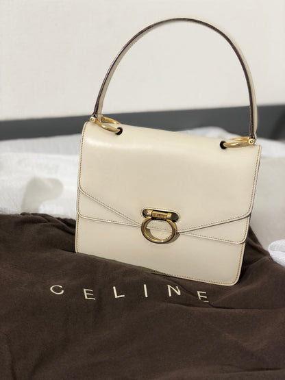CELINE Gancini Double Flap Leather Handbag Ivory Vintage gpzv4g
