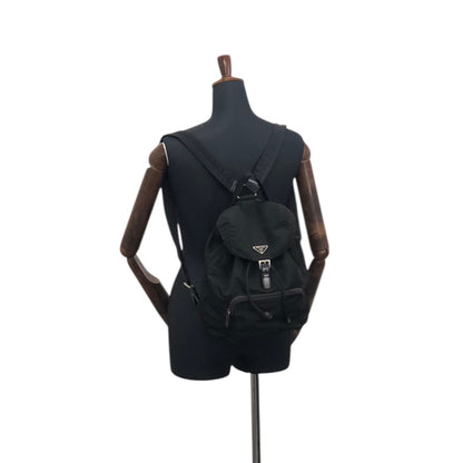 PRADA Tessuto Triangle Logo Front Buckle Backpack Black Vintage adjm4v
