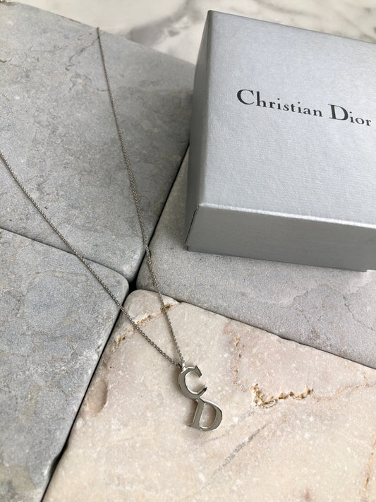 Christian Dior CD Logo Necklace Silver Vintage 2pcw7b