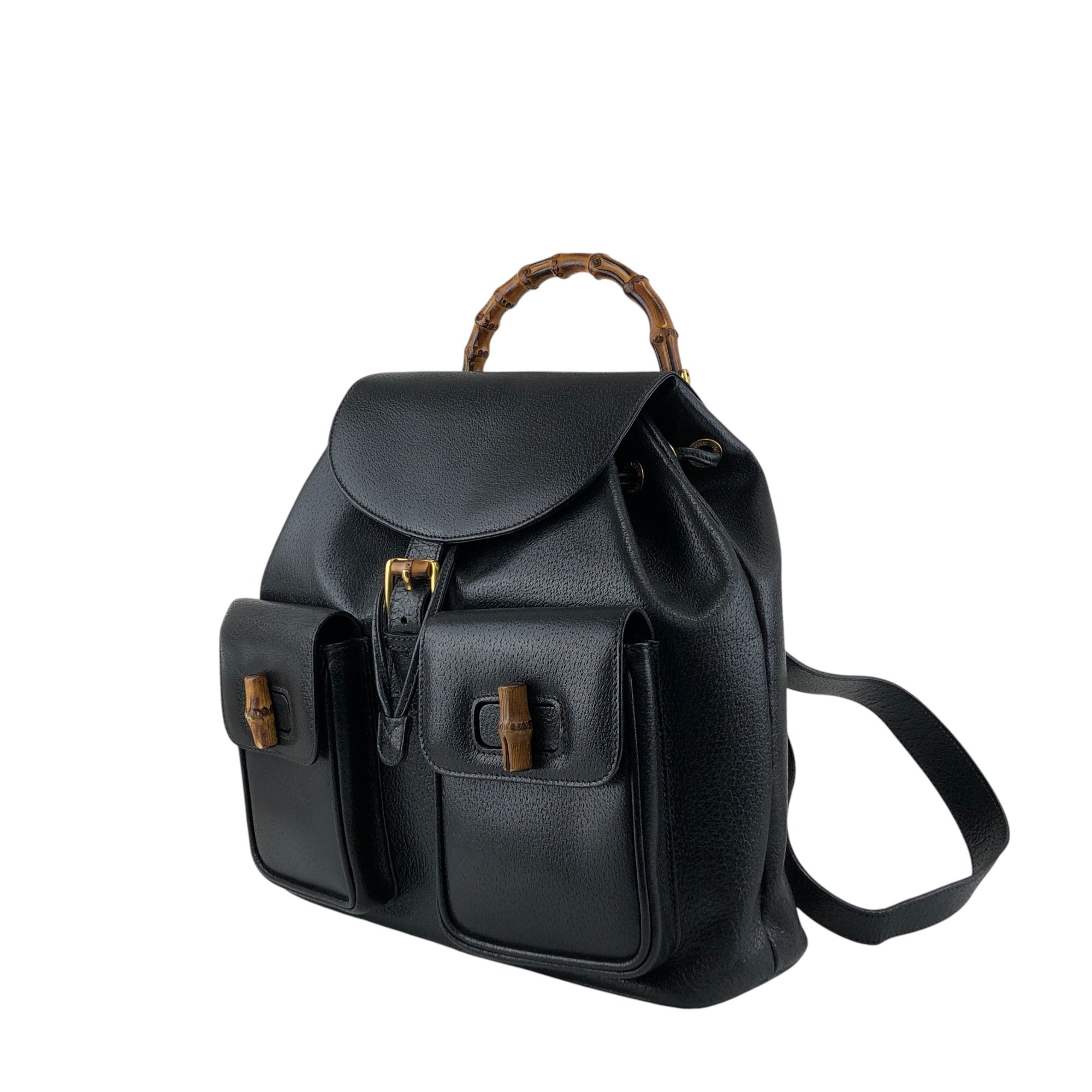GUCCI Bamboo Front Buckle Backpack Black Vintage i34ihz