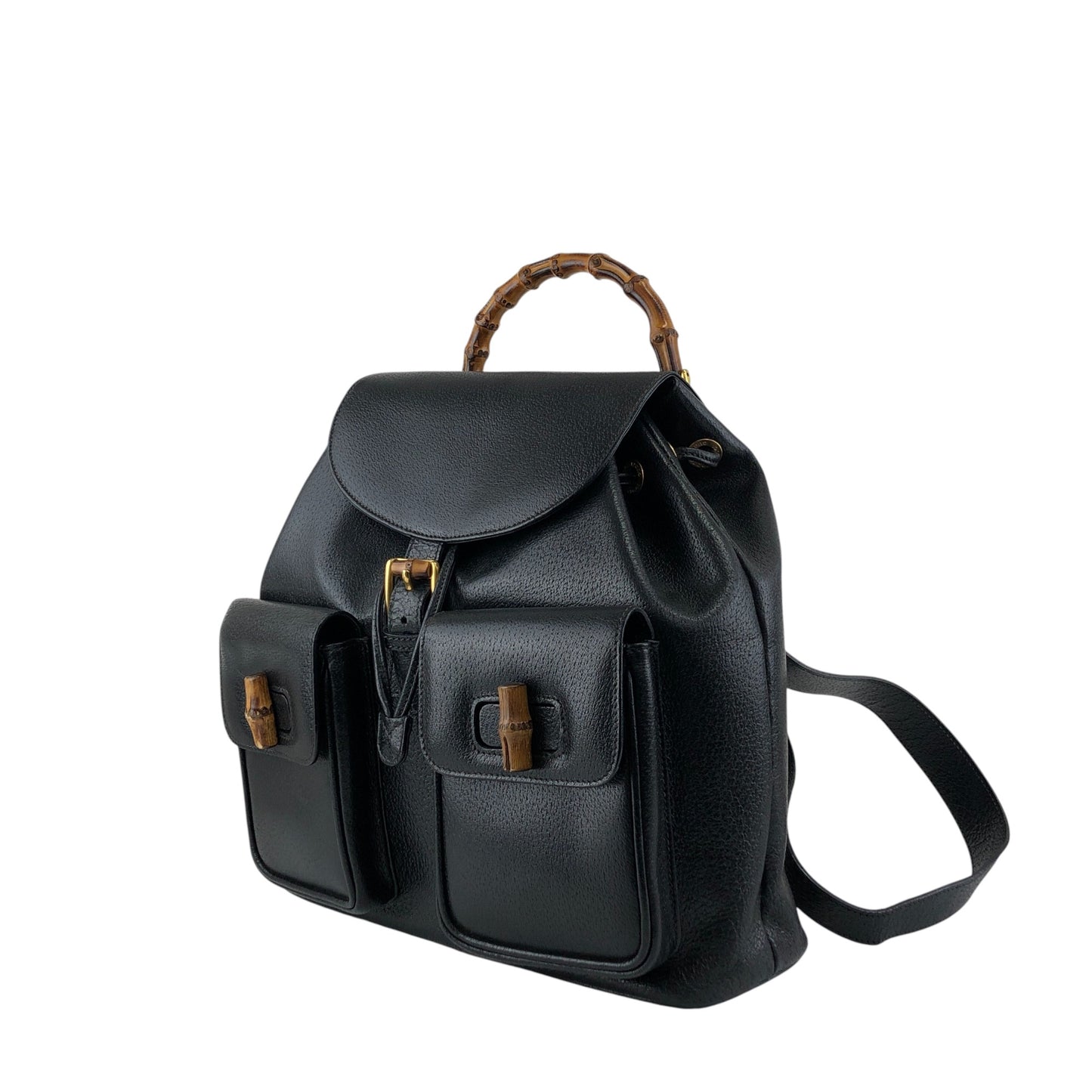 GUCCI Bamboo Front Buckle Backpack Black Vintage i34ihz