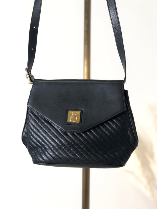 CELINE Gancini Bias Stitch Leather Shoulder bag Black Vintage vye2ua