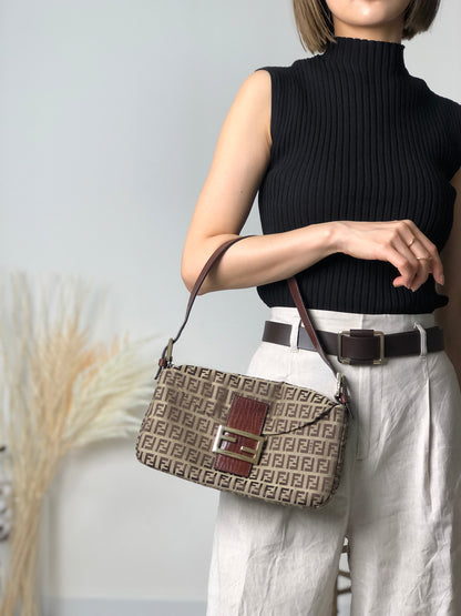 FENDI Zucchino Handbag Hobobag Brown Vintage 55k5nz