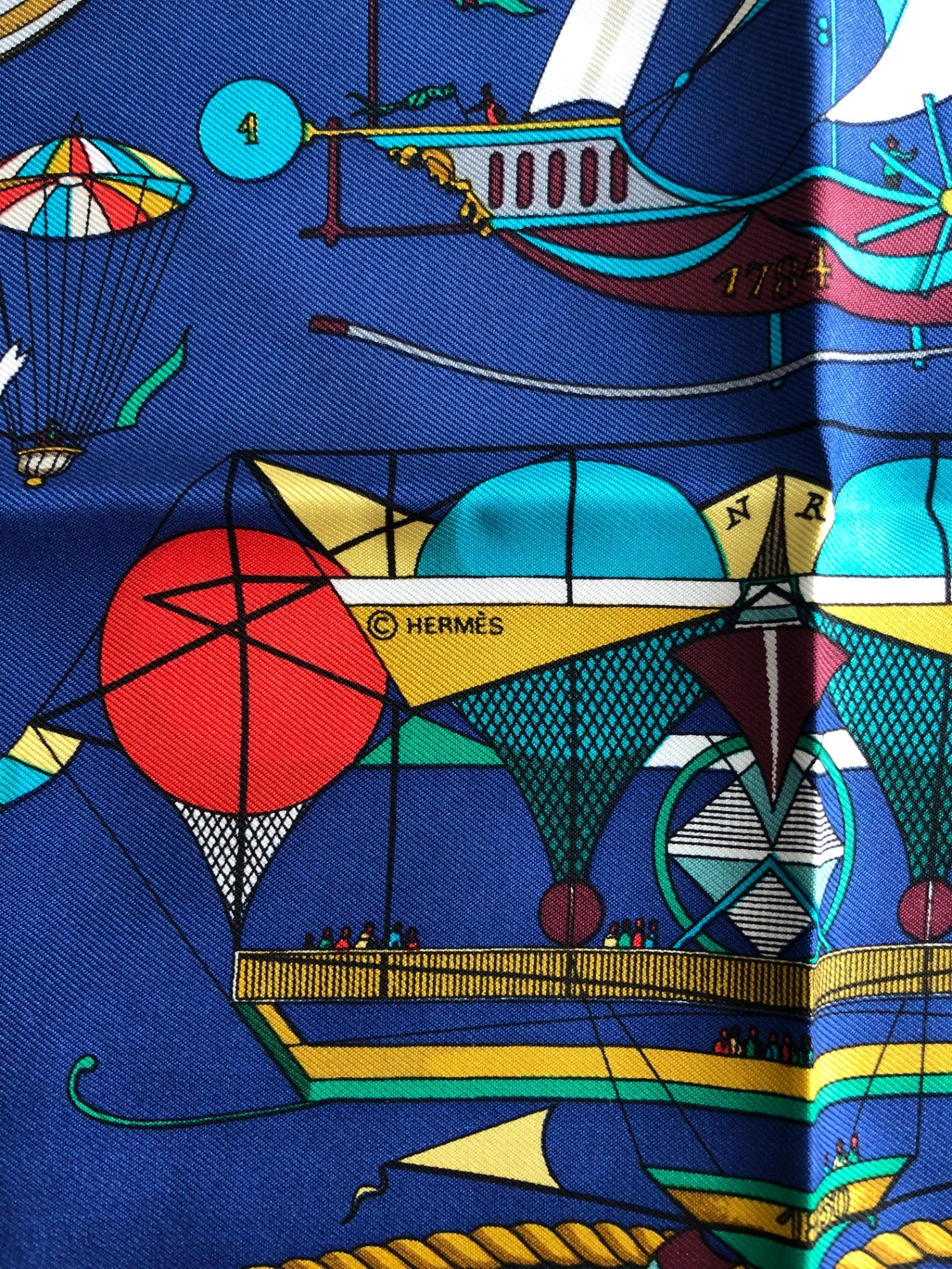 HERMES Silk Scarf Blue balloon motif LES FOLIES DU CIEL Vintage