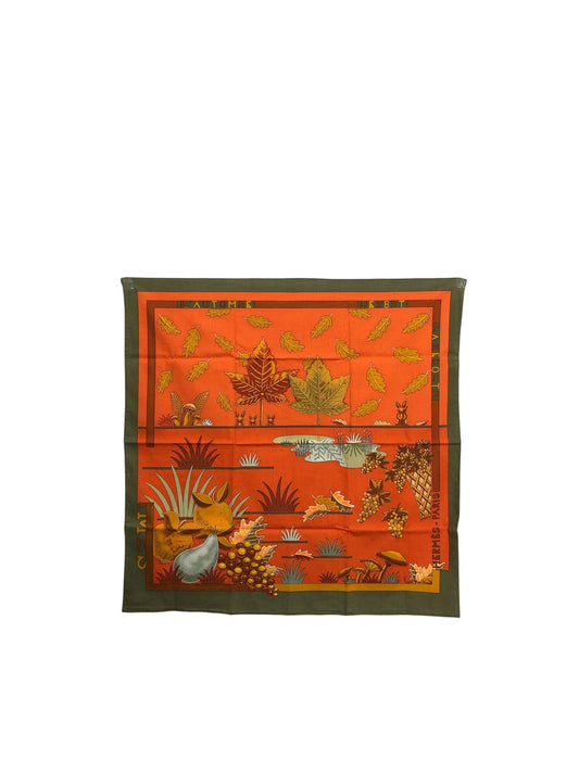 HERMES cotton Scarf Orange×Green Vintage vi8ch5