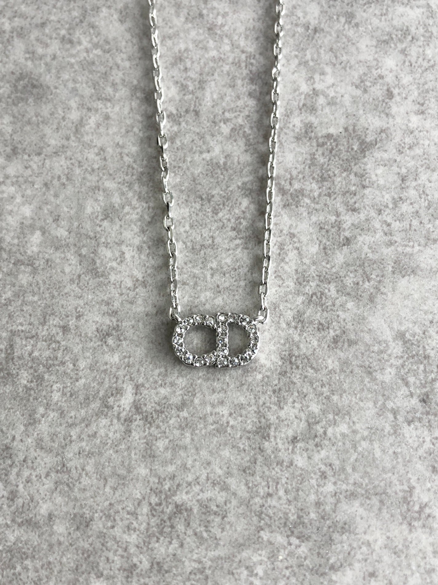 Christian Dior CD Logo Rhinestone Necklace Silver Vintage 58eydu