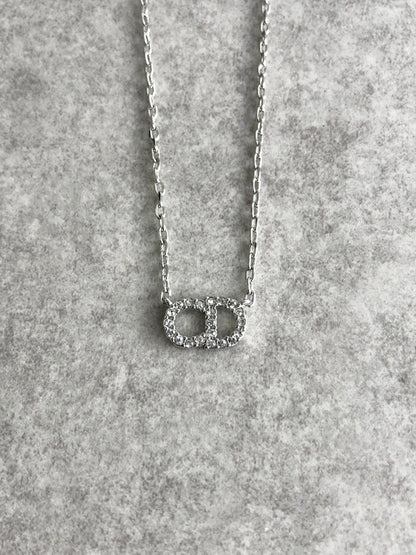 Christian Dior CD Logo Rhinestone Necklace Silver Vintage 58eydu