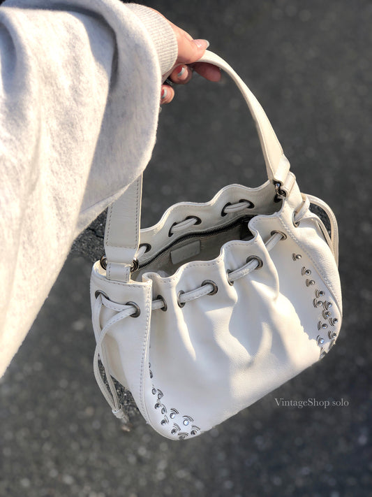 CELINE Blason Triomphe Stone Drawstring Handbag White Vintage Old Celine b4mvfc