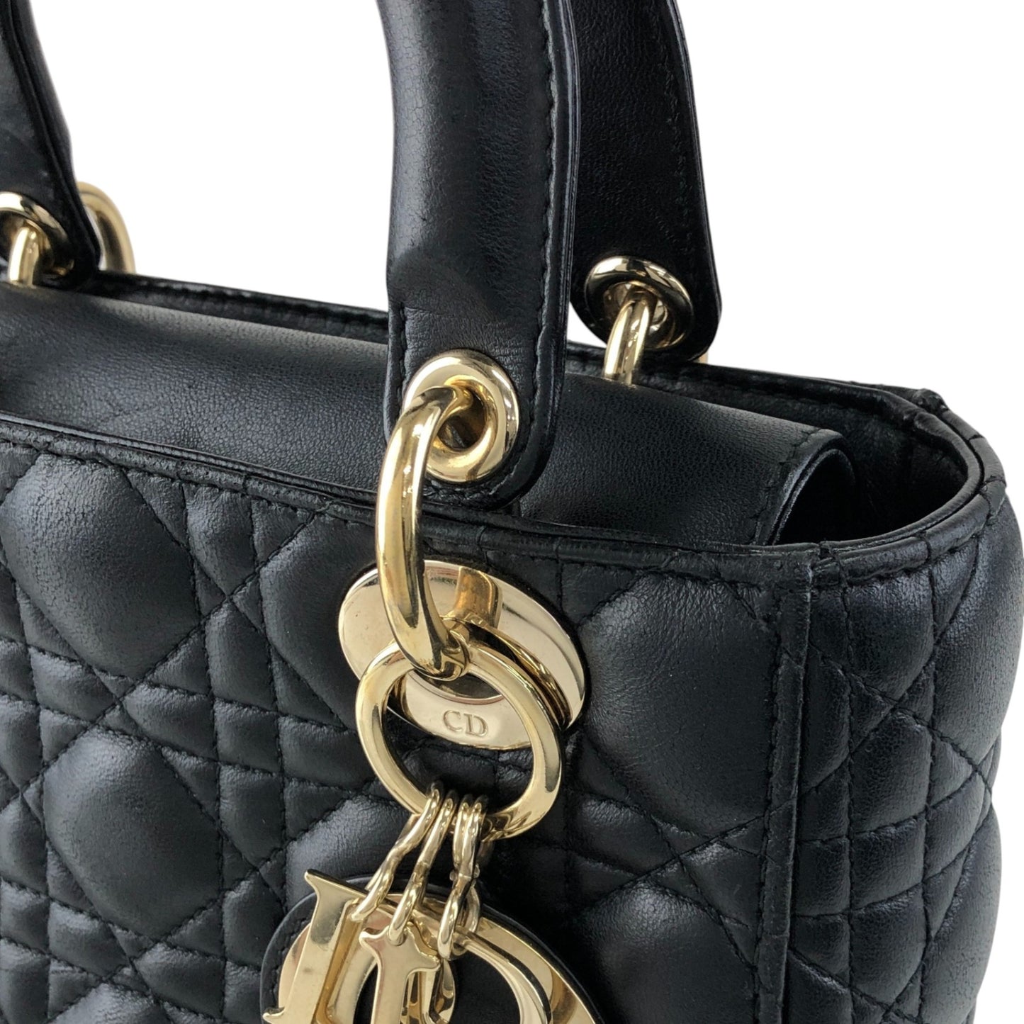 Christian Dior Lady Dior Cannage Logo Charm Handbag Black Vintage 885e65