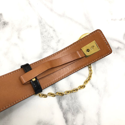 CELINE Horse Bit Chain Leather Belt Black Vintage uytb44