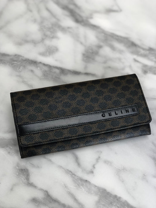 CELINE Macadam Logo Metal Clasp Long Wallet Black Vintage x577ej