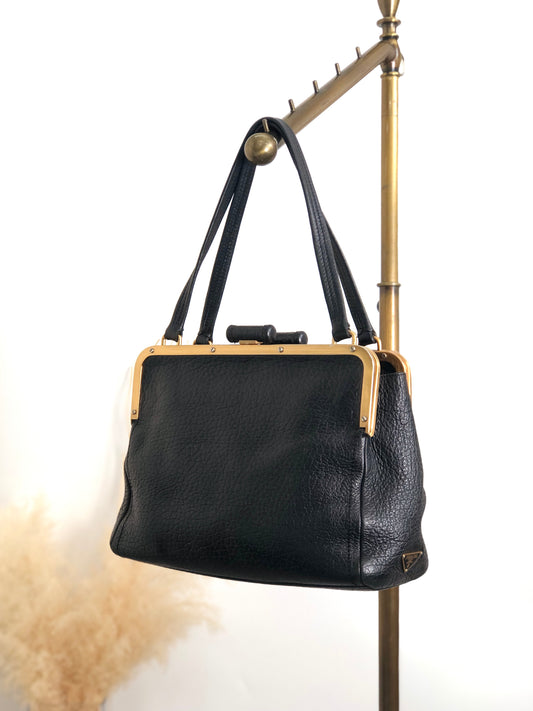 PRADA Triangle Logo Metal Clasp Handbag Black Vintage caemtz