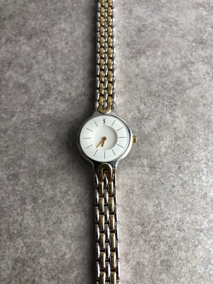 Yves Saint Laurent YSL Logo Quartz Watch Gold×Silver 5421-H08070 Vintage nmsz84