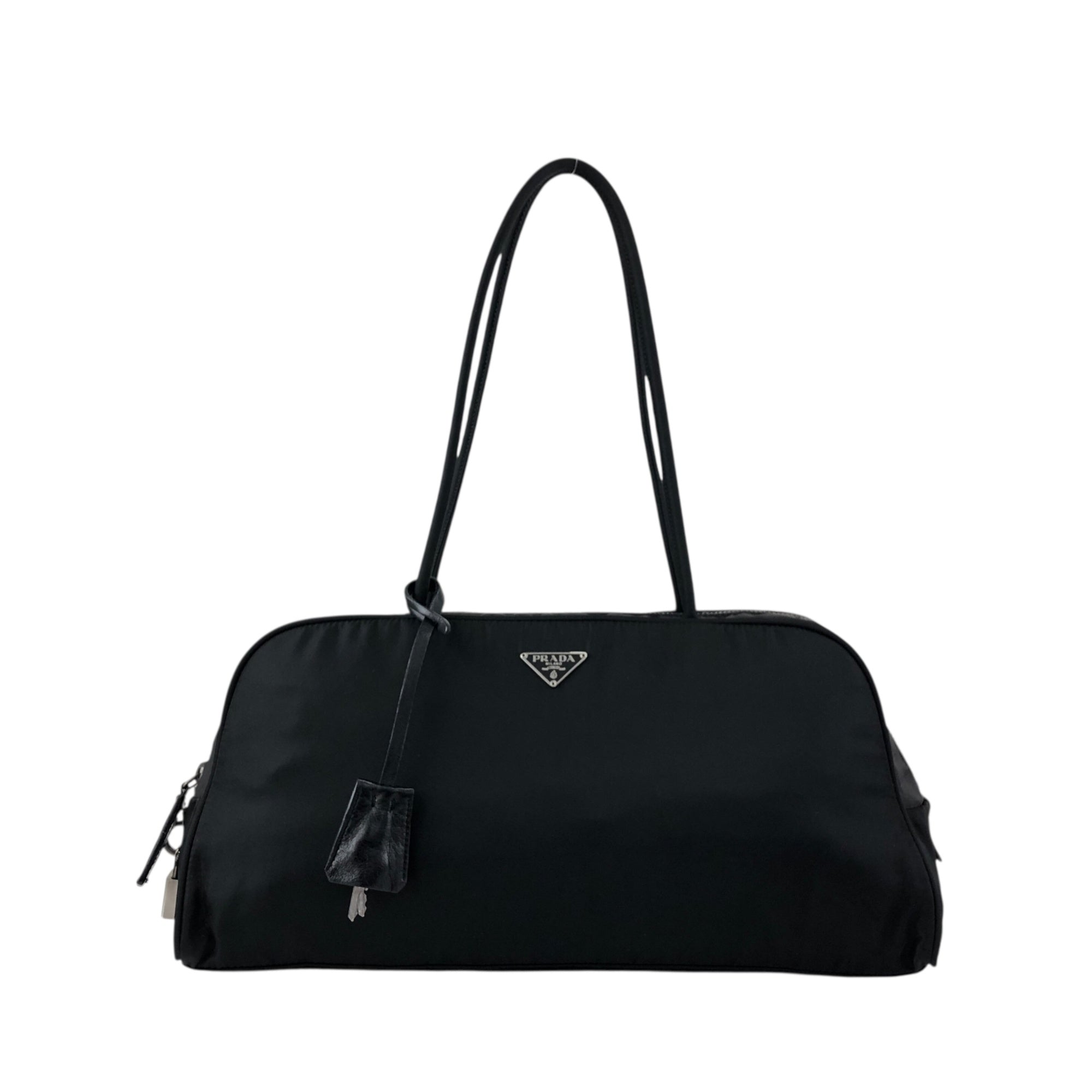 PRADA Tessuto Triangle Logo Padlock Small Boston bag Handbag Black