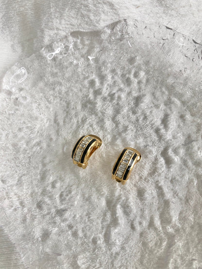 Christian Dior Rhinestone Earrings Gold×Black Vintage puchn3