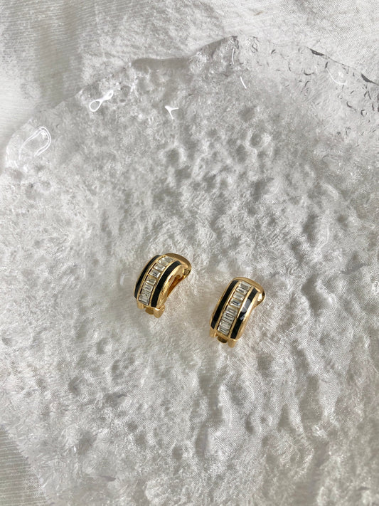 Christian Dior Rhinestone Earrings Gold×Black Vintage puchn3