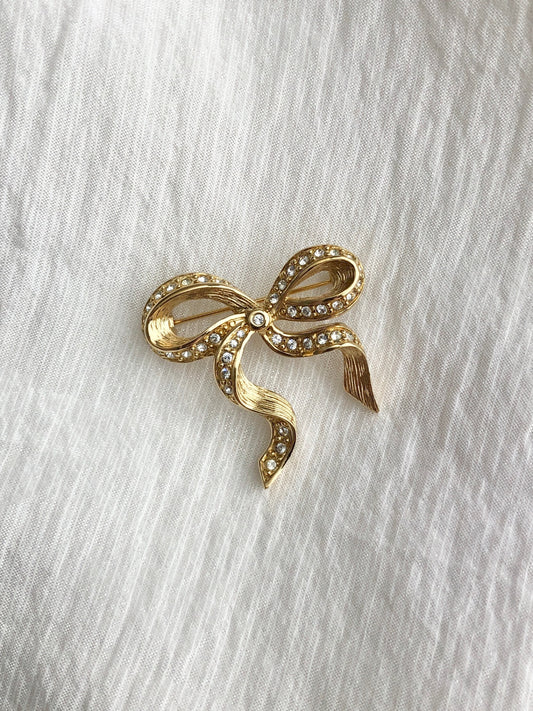 Christian Dior Rhinestone Ribbon Brooch Gold Vintage a5f6nr