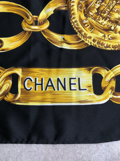 CHANEL Coco Mark SILK Scarf Black×Yellow Vintage gi546h