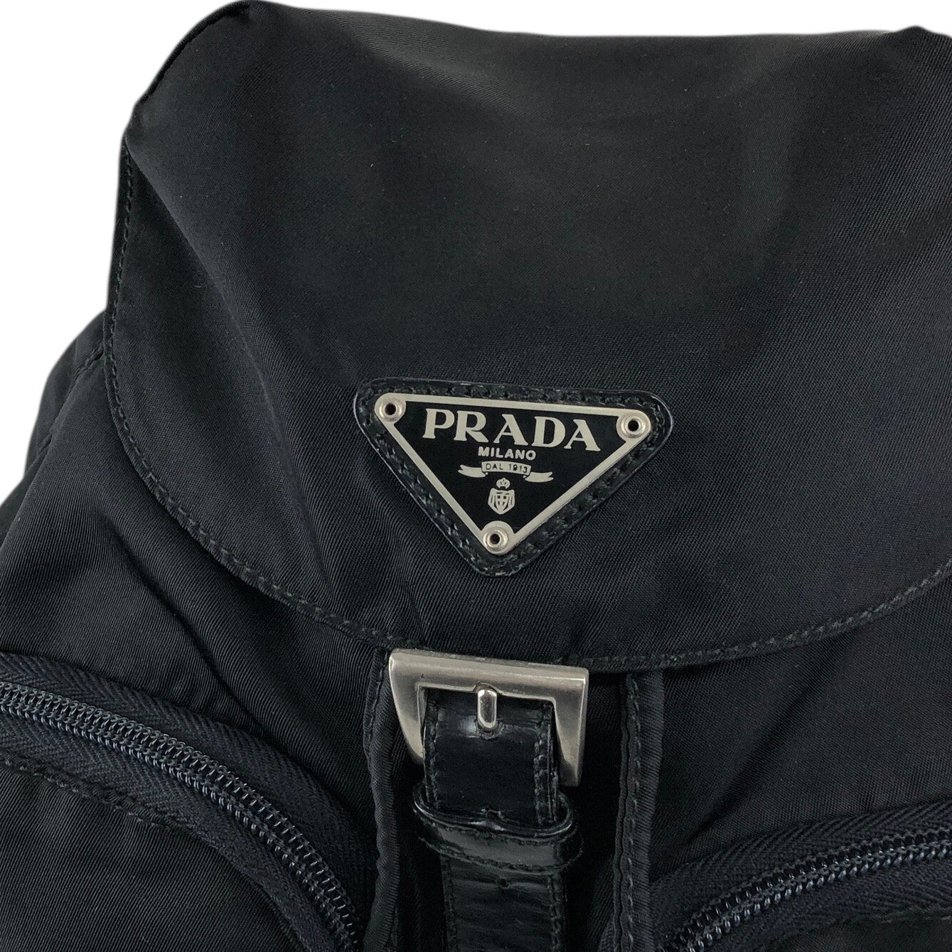PRADA Tessuto Triangle Logo Front Buckle Backpack Black Vintage 3nkejc