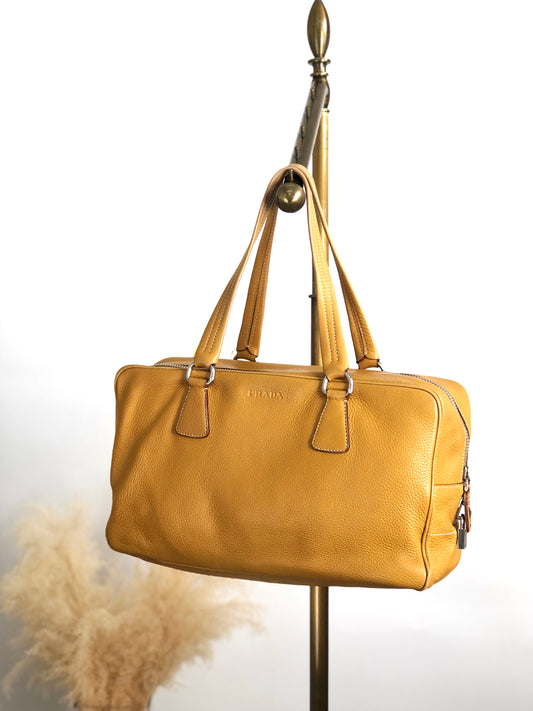 PRADALogo Embossed Small Boston bag Handbag Camel Vintage witjyy