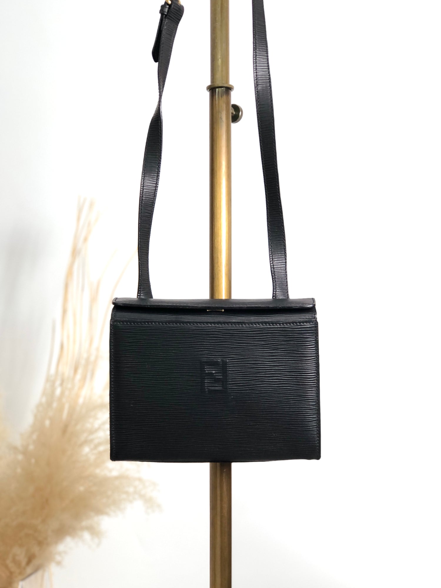 FENDI Logo Embossed Shoulder bag Black Vintage asc2di