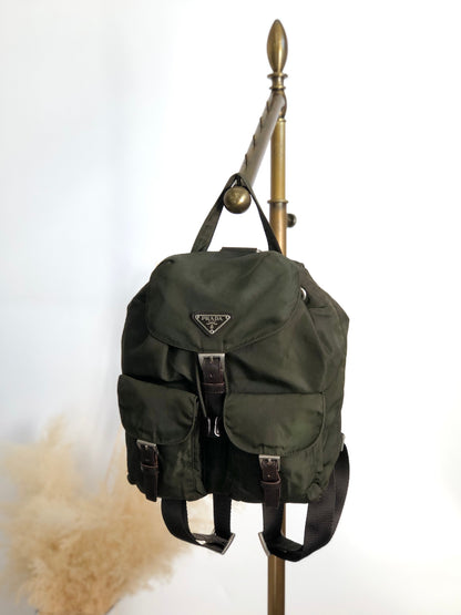 PRADA Tessuto Triangle Logo Double Pocket  Backpack Khaki B2811F Vintage zyewrg