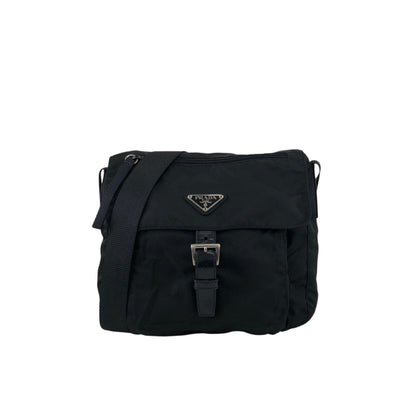 PRADA Tessuto Triangle Logo Front Buckle Shoulder bag Black Vintage g8uwx8