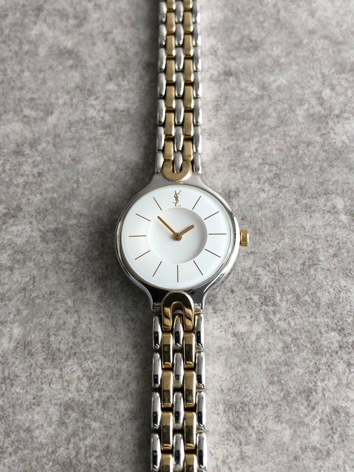 Yves Saint Laurent YSL Logo Quartz Watch Silver×White Vintage 5se247