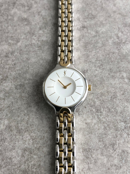 Yves Saint Laurent YSL Logo Quartz Watch Silver×White Vintage 5se247