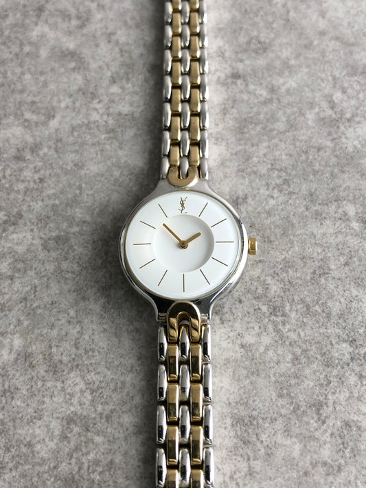 Yves Saint Laurent YSL Logo Quartz Watch Silver×White Vintage 5se247