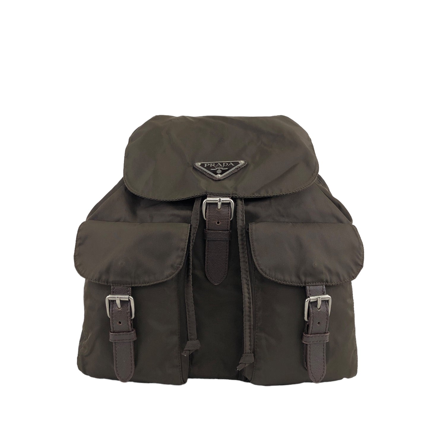 PRADA Triangle Logo Front Buckle Backpack Brown Vintage zuawdm