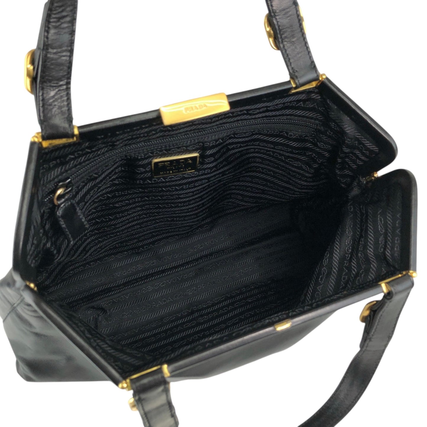 PRADA Logo Embossed Metal Clasp Handbag Black Vintage x7p3fx