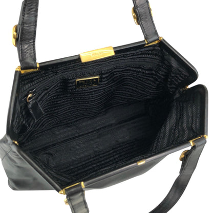PRADA Logo Embossed Metal Clasp Handbag Black Vintage x7p3fx
