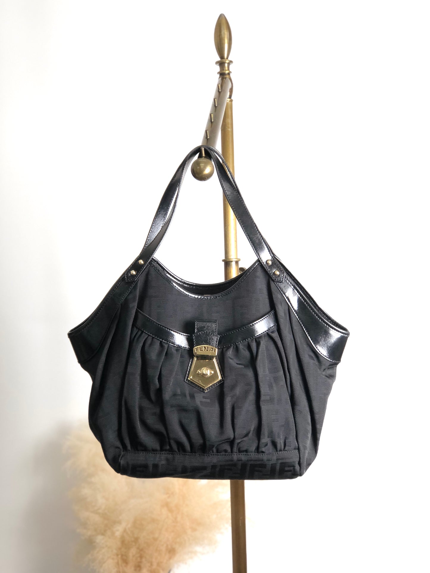 FENDI Zucca Front Buckle Handbag Black Vintage evvwep