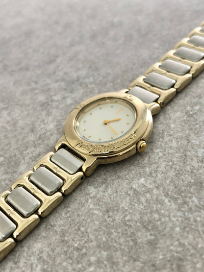 Yves Saint Laurent YSL Logo Quartz Watch Silver×Gold Vintage hjy4bn