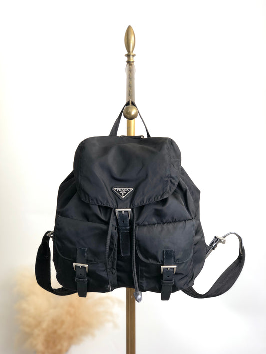 PRADA Tessuto Triangle Logo Double Pocket Backpack Black Vintage e8i3ab