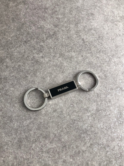 PRADA Logo Motif Key Ring Silver×Black Vintage zupz35