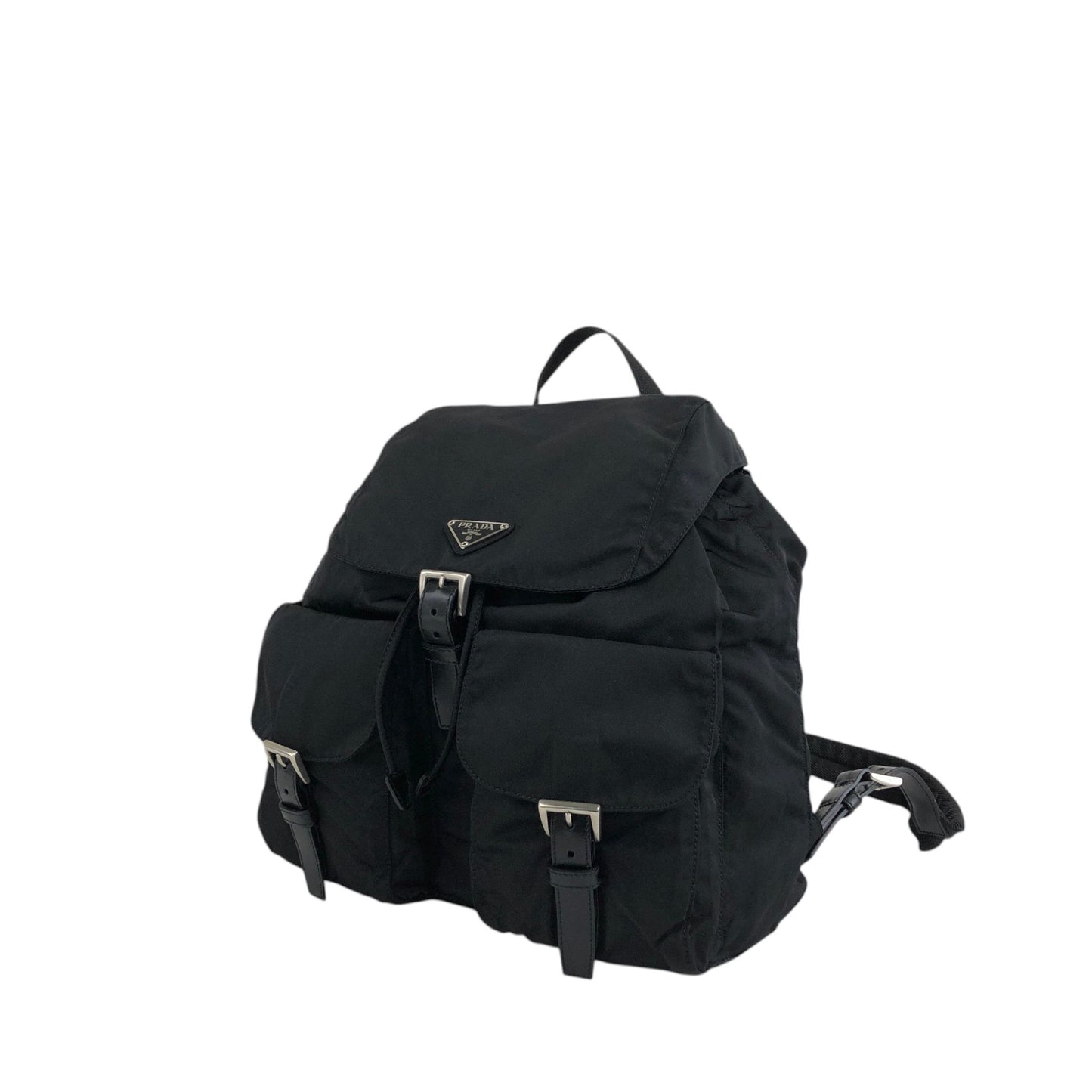 PRADA Tessuto Triangle Logo Front Buckle Double Pocket Backpack Black Vintage 5kjjr2