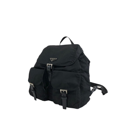 PRADA Tessuto Triangle Logo Front Buckle Double Pocket Backpack Black Vintage 5kjjr2