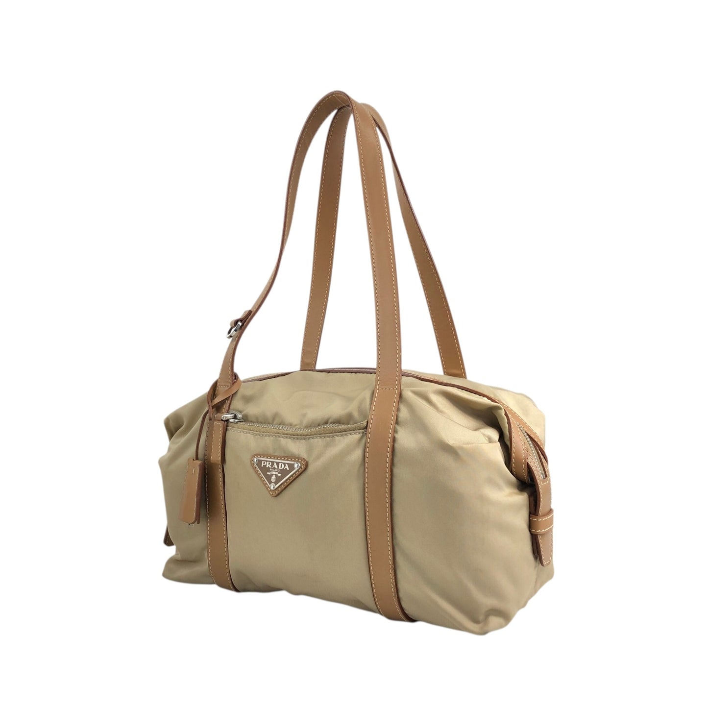 PRADA Tessuto Triangle Logo Small Boston bag Handbag Beige Vintage ib6juf